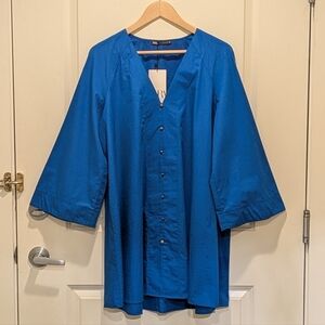 NWT Zara M Cerulean Blue 100% Cotton Poplin Mini Tunic Dress with  Buttons